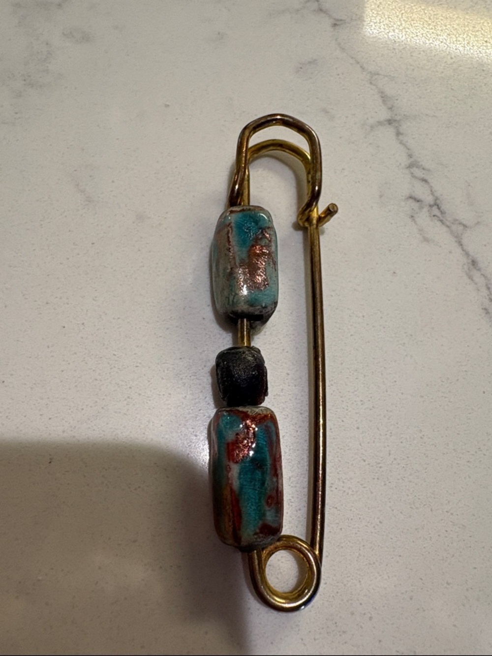 Boho Brass Safety Pin Brooch with Turquoise-Red Beads… - Picture 5 of 5